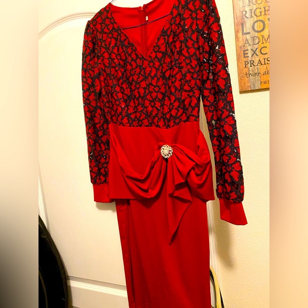 Red dress with silver broche, side tie